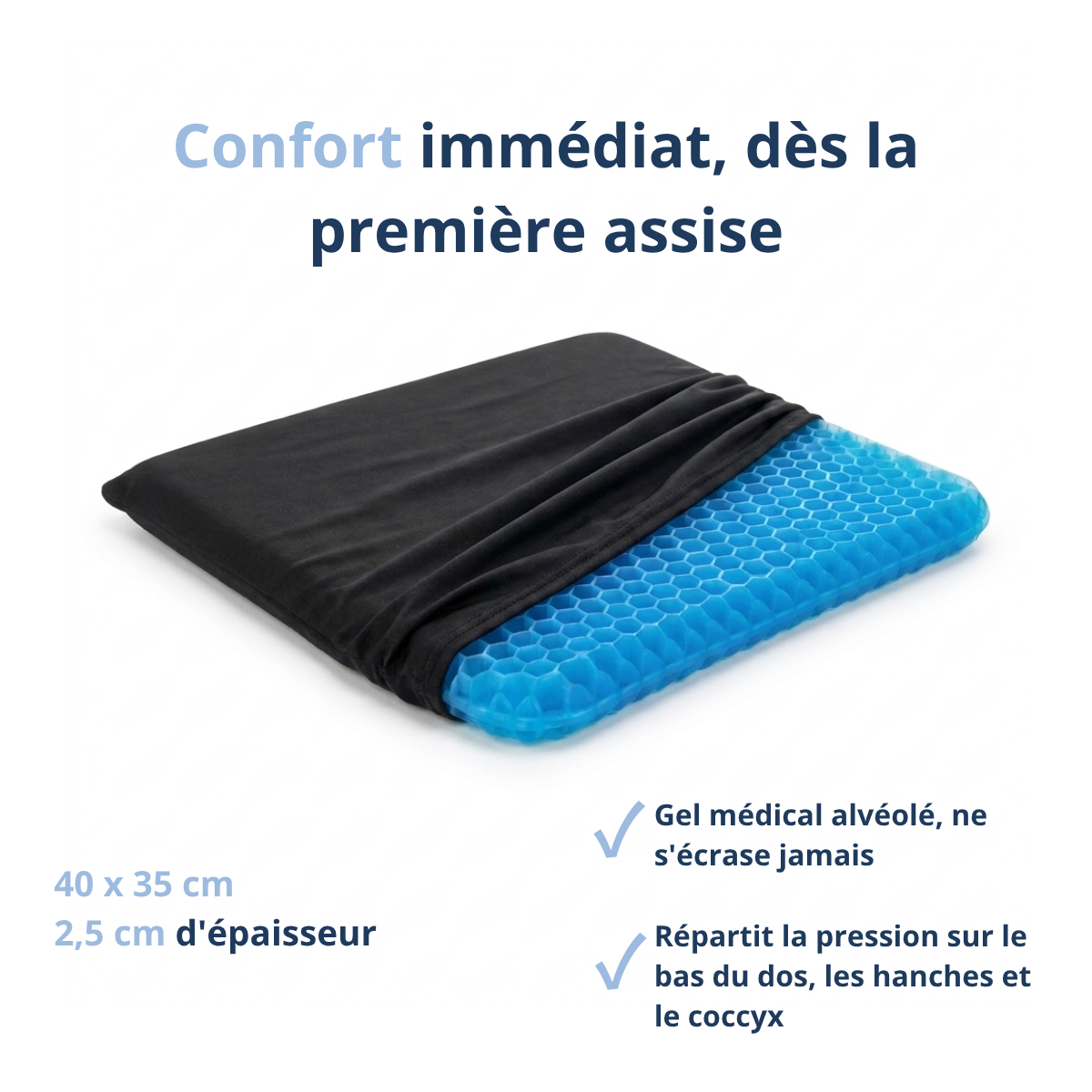 Coussin gel alvéolé Posyo bleu, housse noire repliée