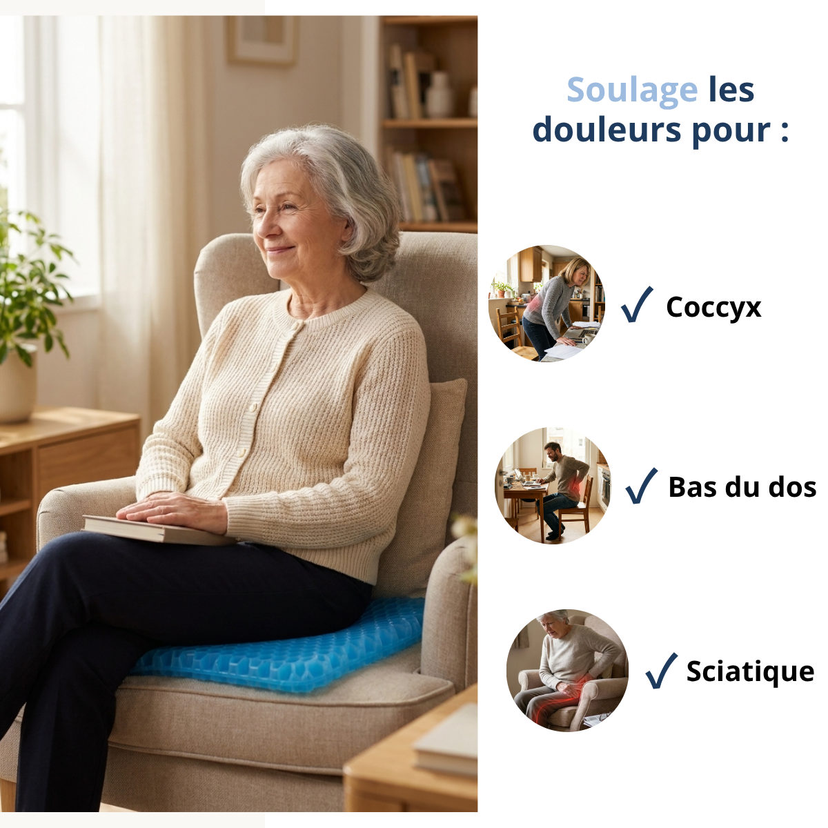 Vieille dame sur son fauteuil avec son coussin gel alvéolé Posyo